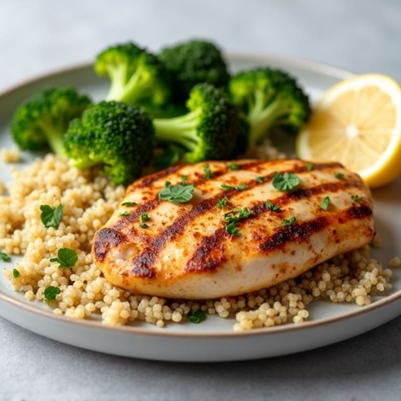 Grilled Lemon-Garlic Chicken Breast with Quinoa and Roasted Broccoli