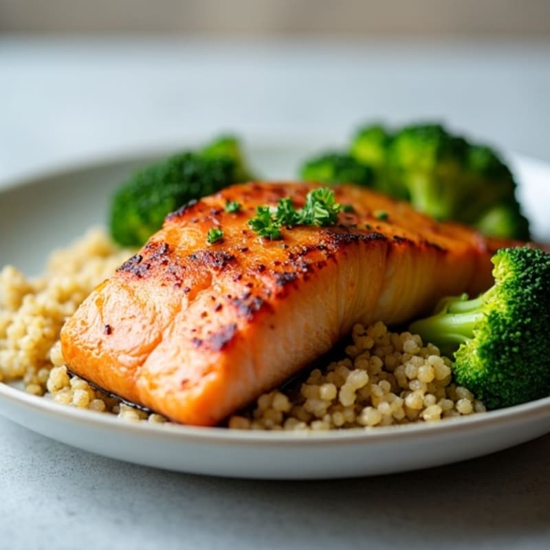 Seared Salmon Fillet with Steamed Broccoli and Quinoa