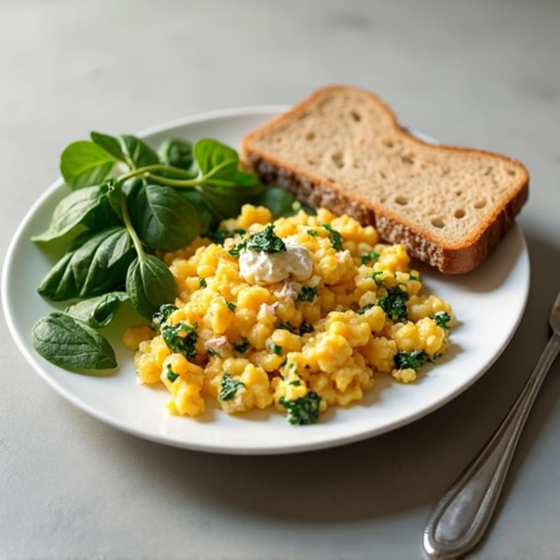 Egg White Spinach Scramble with Cottage Cheese and Smoked Turkey