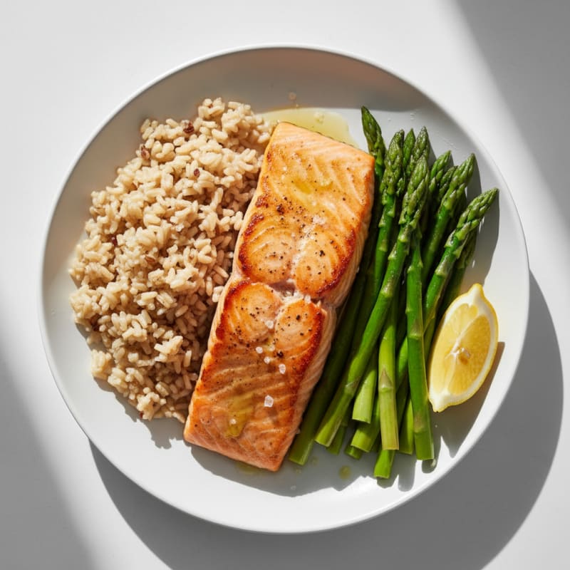 Seared Salmon Fillet with Steamed Asparagus and Brown Rice