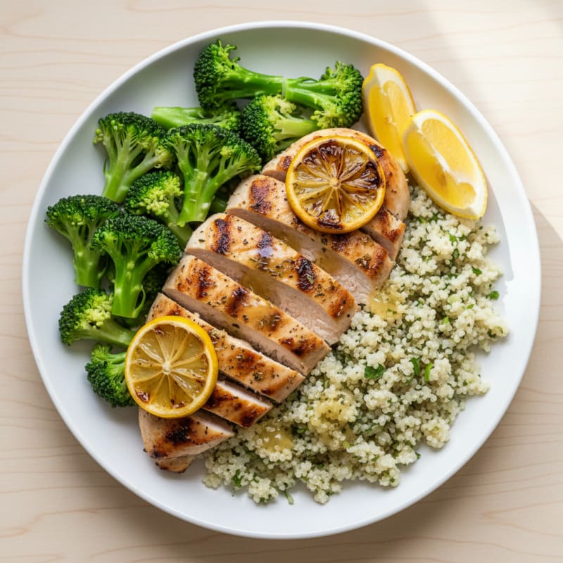 Grilled Chicken Breast with Steamed Broccoli and Quinoa