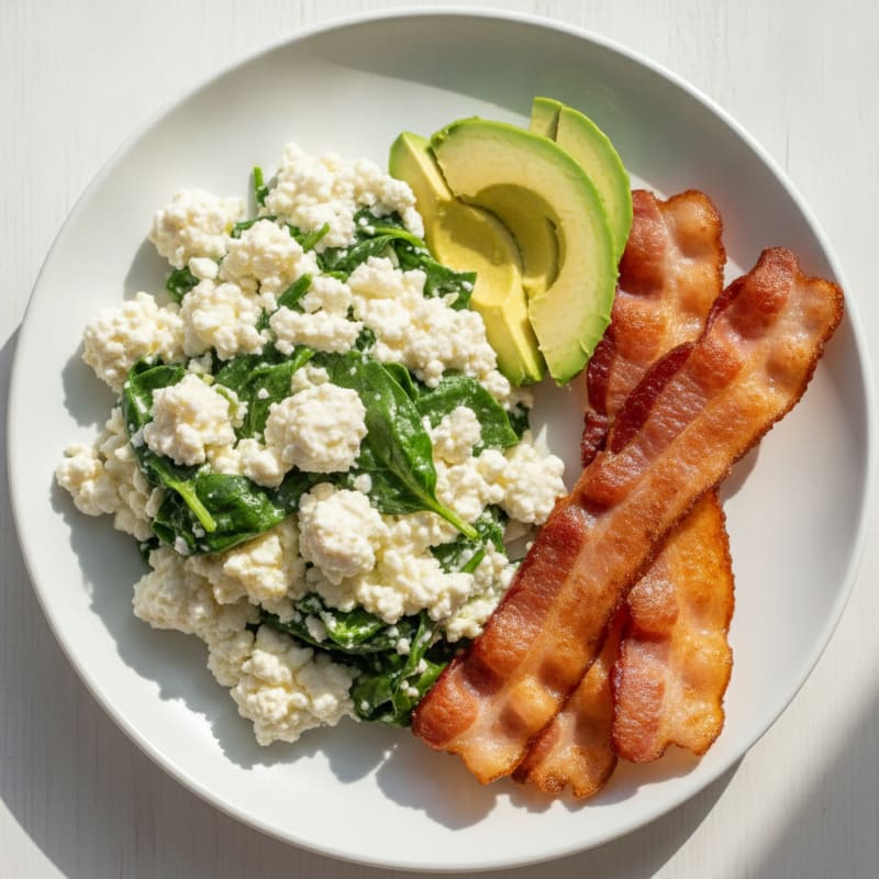 Cottage Cheese Egg White Scramble with Spinach and Turkey Bacon