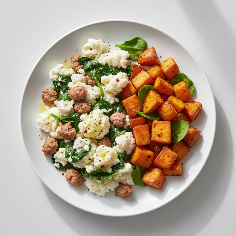 Egg White and Turkey Sausage Scramble with Spinach and Roasted Sweet Potatoes
