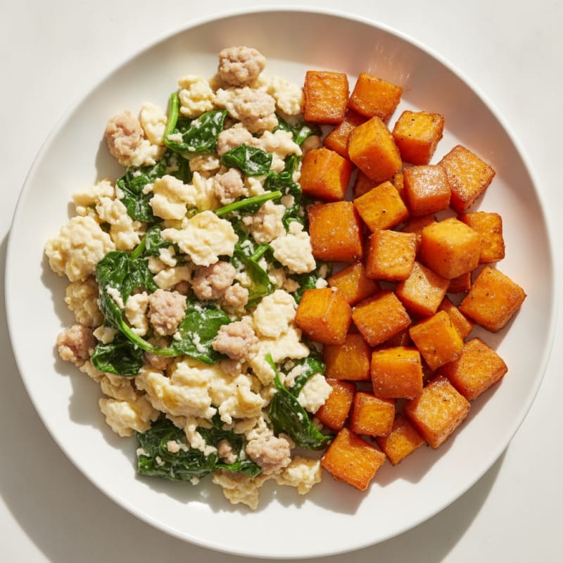 Egg White and Turkey Sausage Scramble with Spinach and Roasted Sweet Potatoes