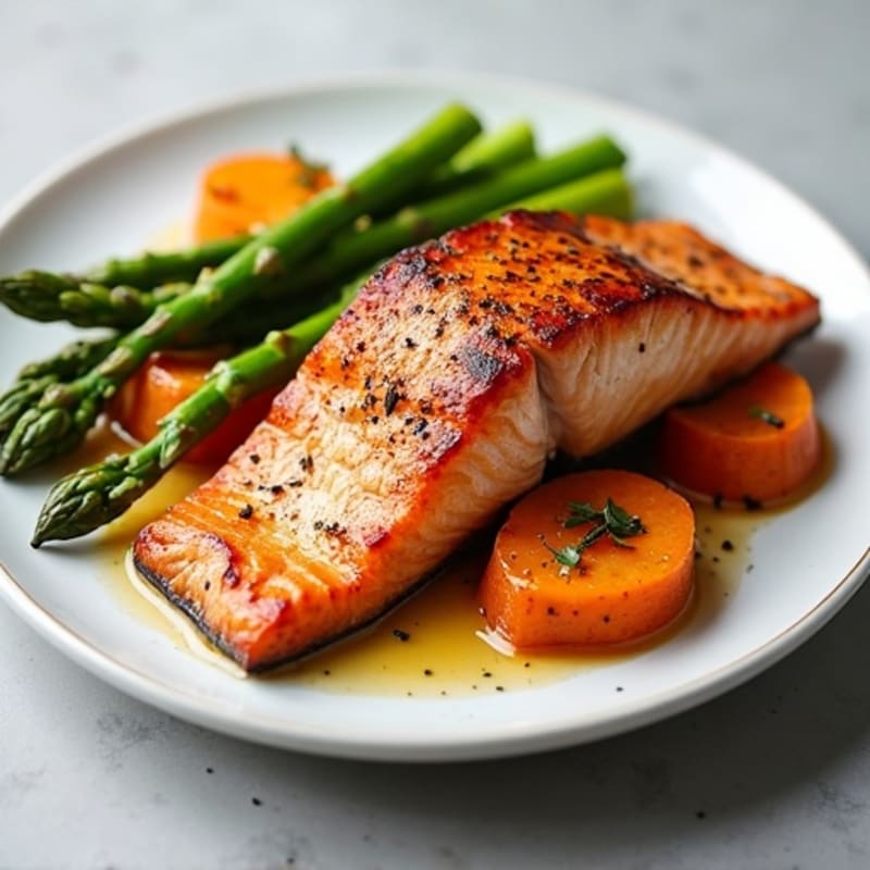 Seared Salmon with Roasted Sweet Potatoes and Asparagus