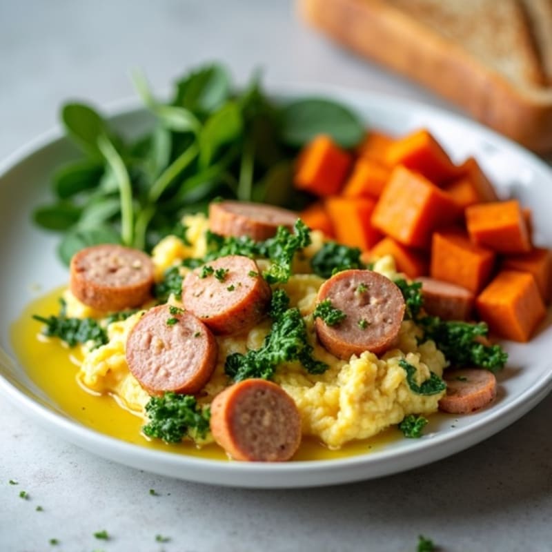 Egg White and Turkey Sausage Scramble with Spinach and Roasted Sweet Potato