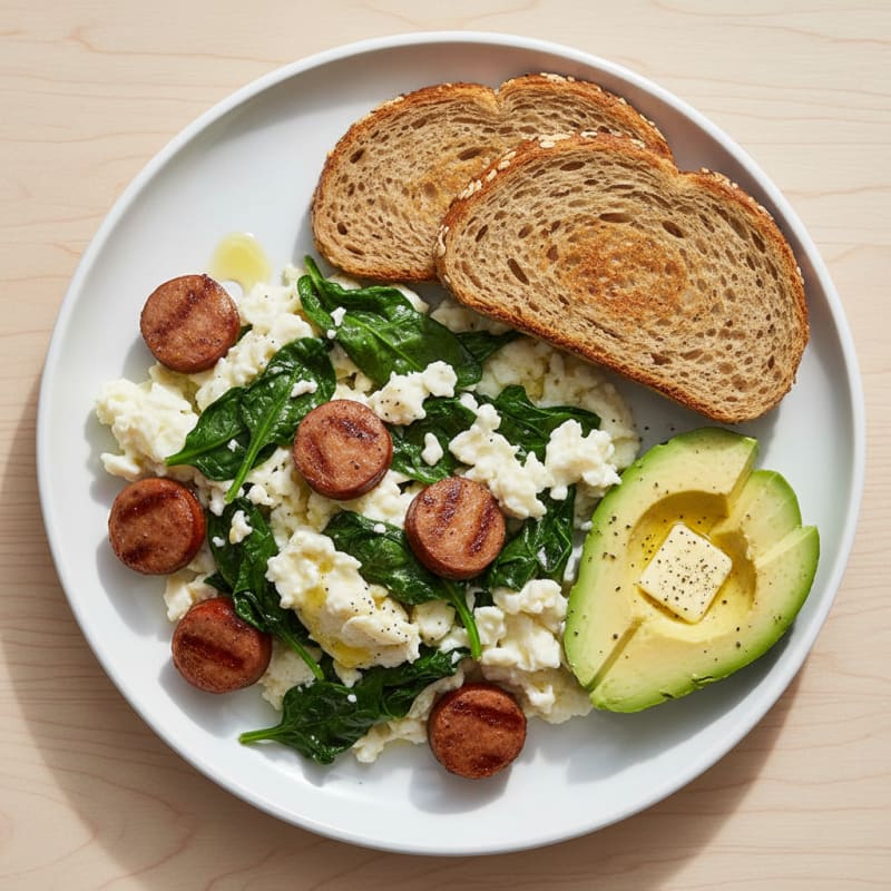Egg White Scramble with Turkey Sausage and Sautéed Spinach