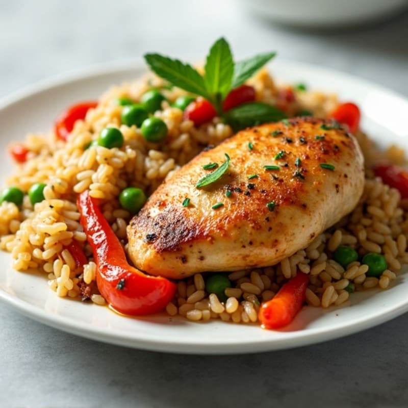 Savory One-Pan Chicken and Brown Rice with Bell Peppers and Peas