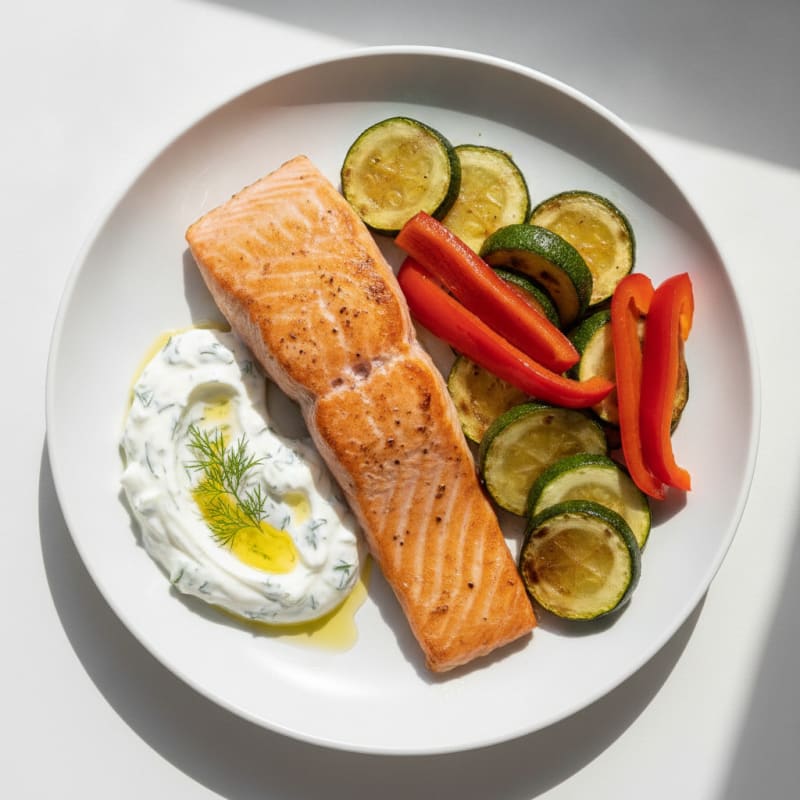 Seared Salmon Fillet with Roasted Zucchini and Raw Bell Pepper Slices