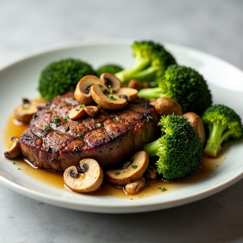 Seared Lean Beef with Roasted Broccoli and Garlic Mushrooms