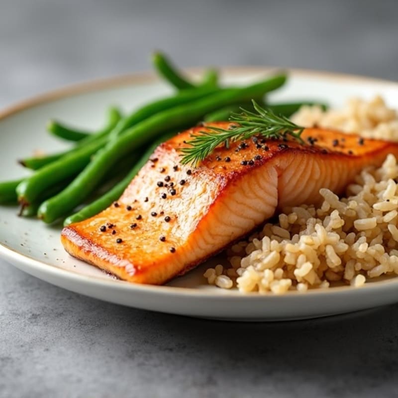 Seared Salmon with Garlic Green Beans and Brown Rice