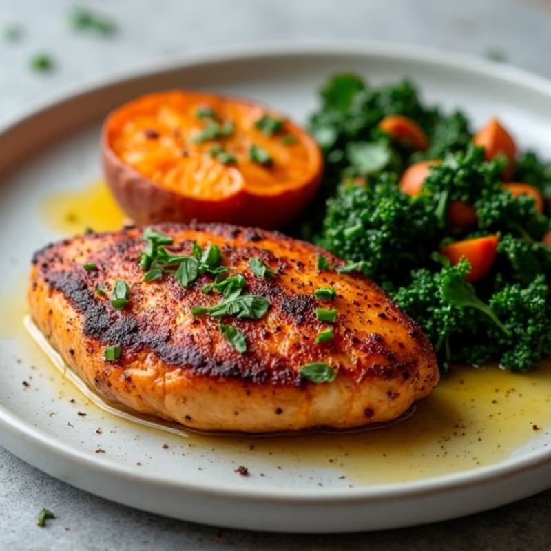 Blackened Chicken with Roasted Sweet Potatoes and Sautéed Greens