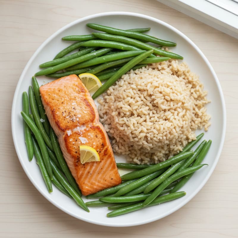 Seared Salmon with Steamed Green Beans and Brown Rice