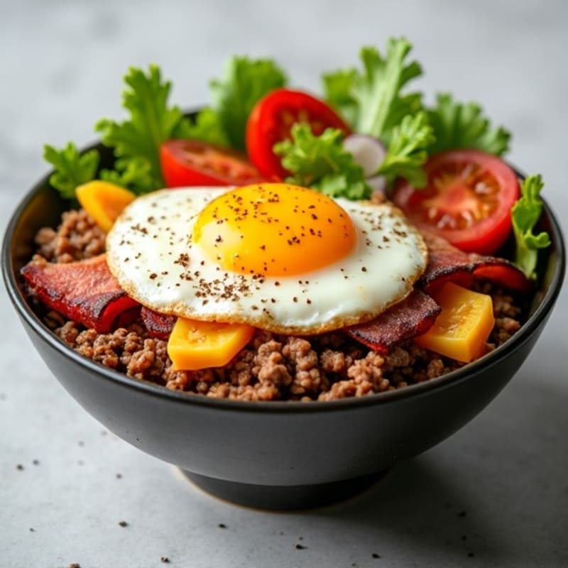 Lean Ground Beef Cheeseburger Bowl with Crispy Bacon and Fresh Greens