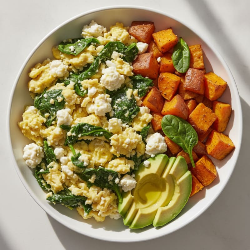 Cottage Cheese Egg Scramble with Spinach and Roasted Sweet Potatoes