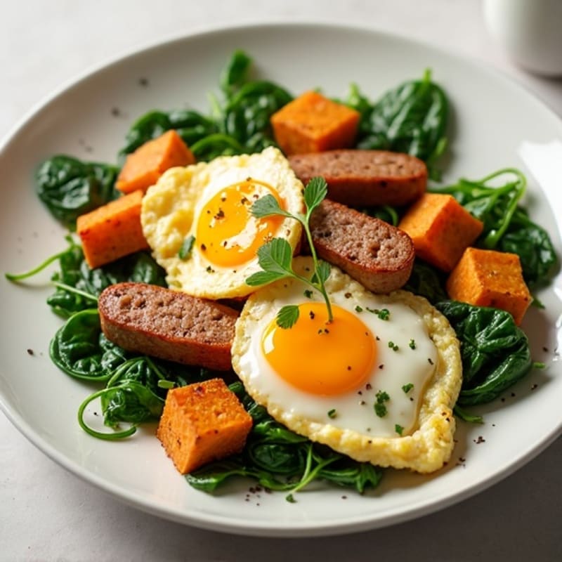 Egg White and Turkey Sausage Scramble with Spinach and Roasted Sweet Potato