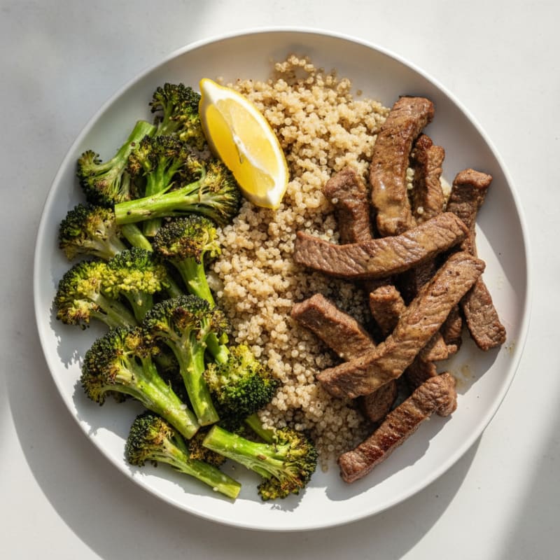 Seared Lean Beef Strips with Roasted Broccoli and Quinoa