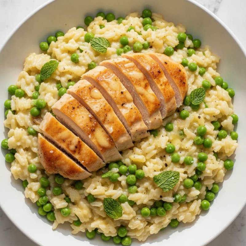 Sweet Pea and Mint Risotto with Lemon Chicken