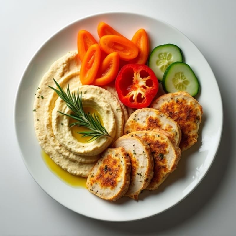 Creamy Hummus with Herb-Roasted Chicken and Crisp Fresh Vegetables