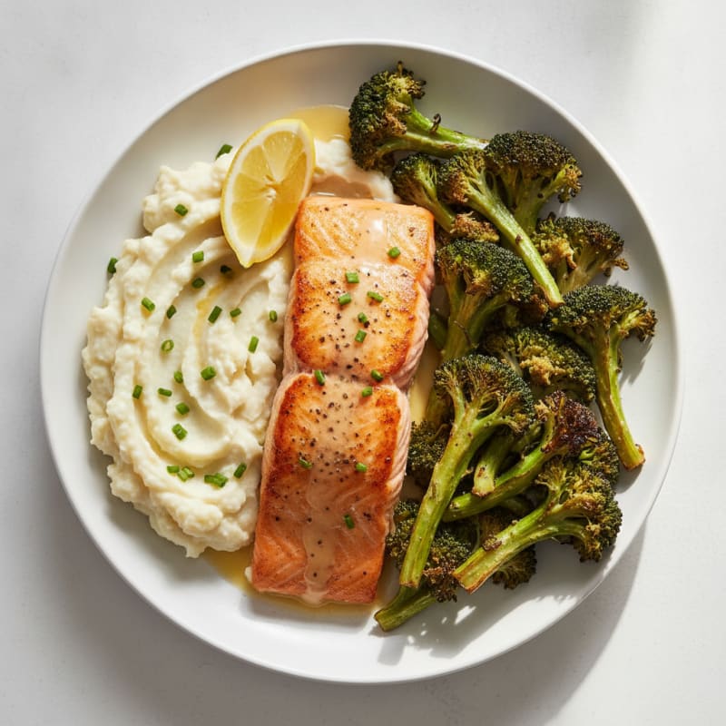 Pan-Seared Salmon with Roasted Broccoli and Garlic Mashed Cauliflower