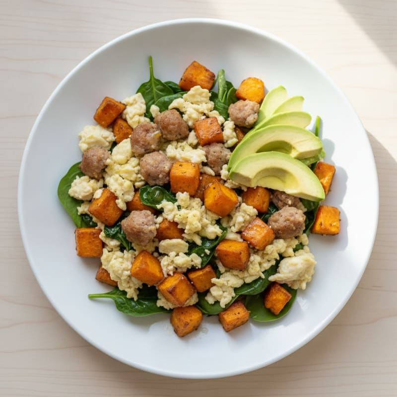 Egg White and Turkey Sausage Scramble with Roasted Sweet Potatoes