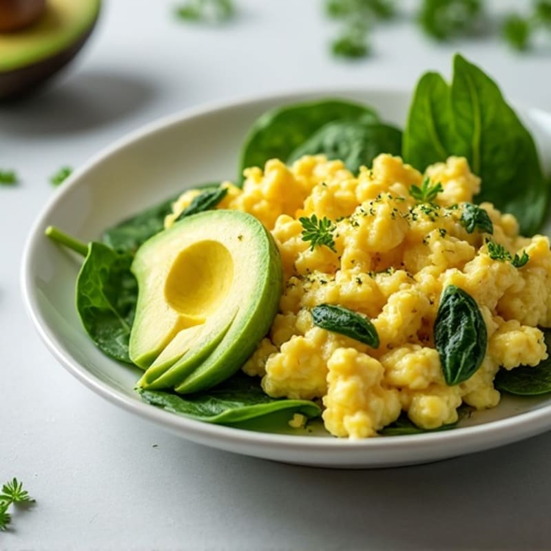 Fluffy Herb-Spinach Scrambled Eggs with Avocado