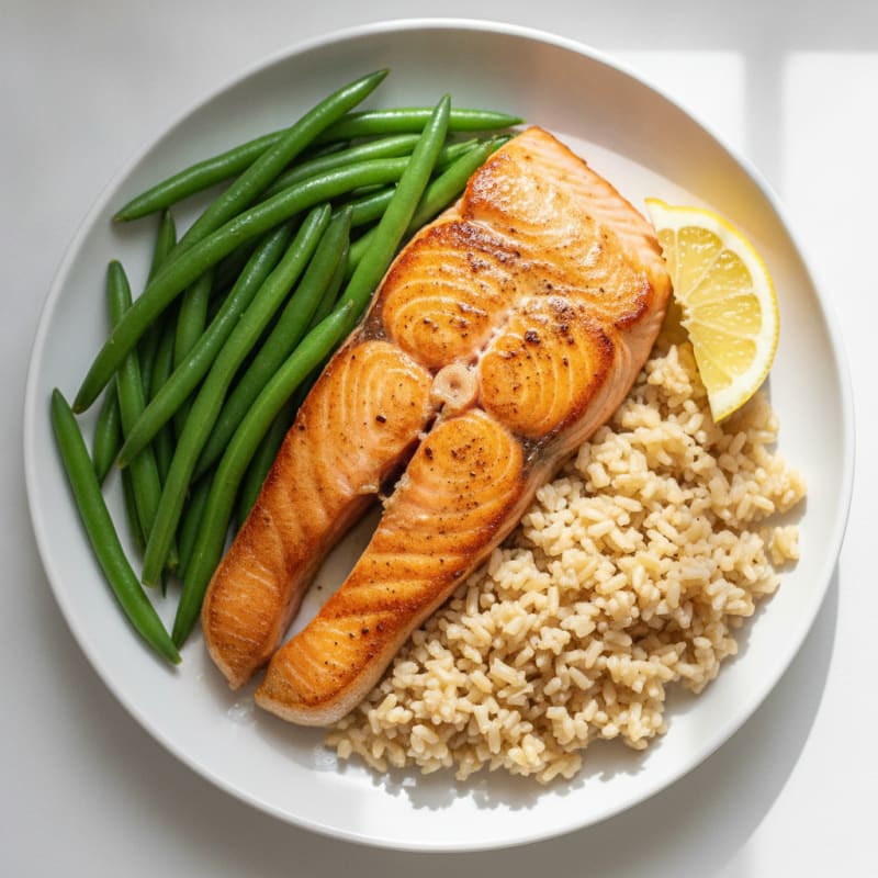 Seared Salmon Fillet with Steamed Green Beans and Brown Rice