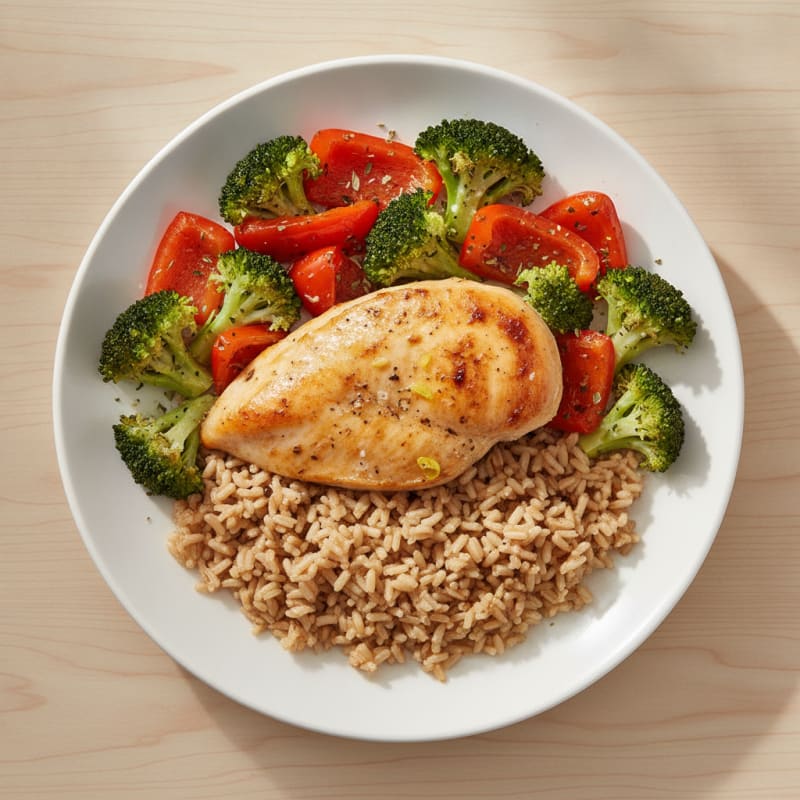 Baked Chicken with Roasted Vegetables and Brown Rice