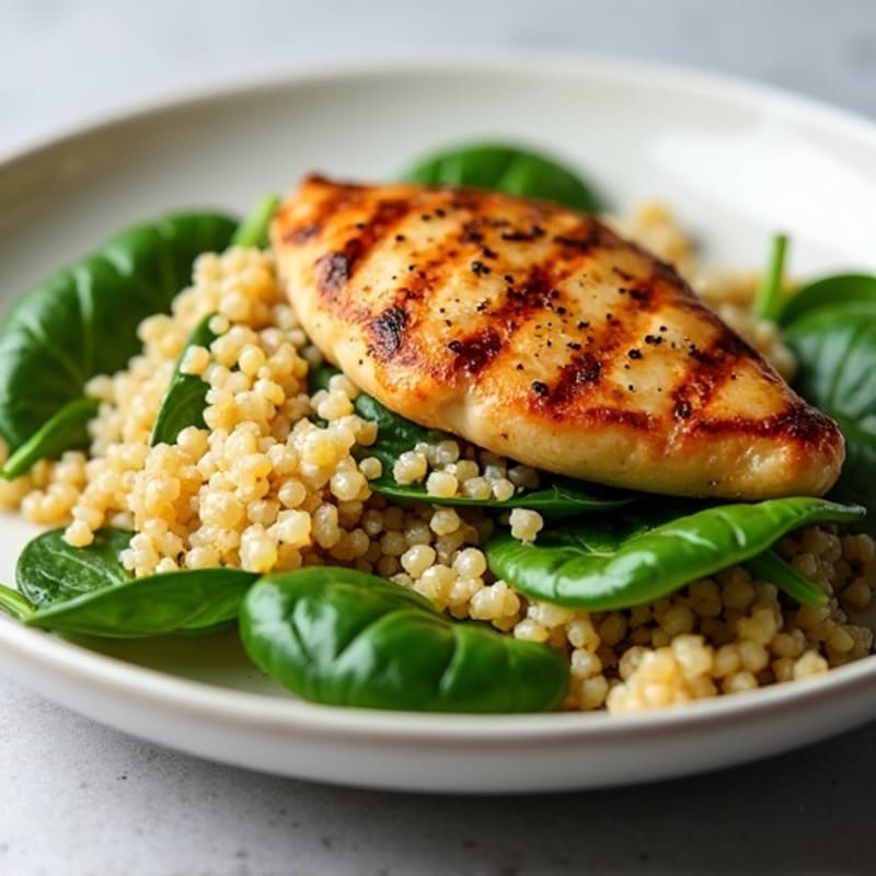 Grilled Chicken Spinach Salad with Quinoa and Lemon Vinaigrette