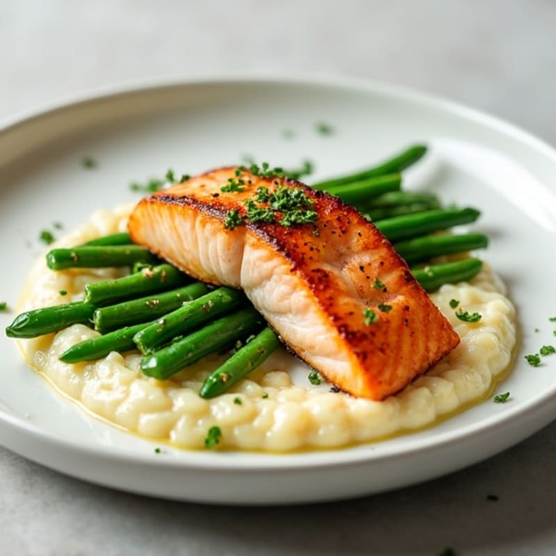 Seared Salmon with Garlic Green Beans and Cauliflower Mash