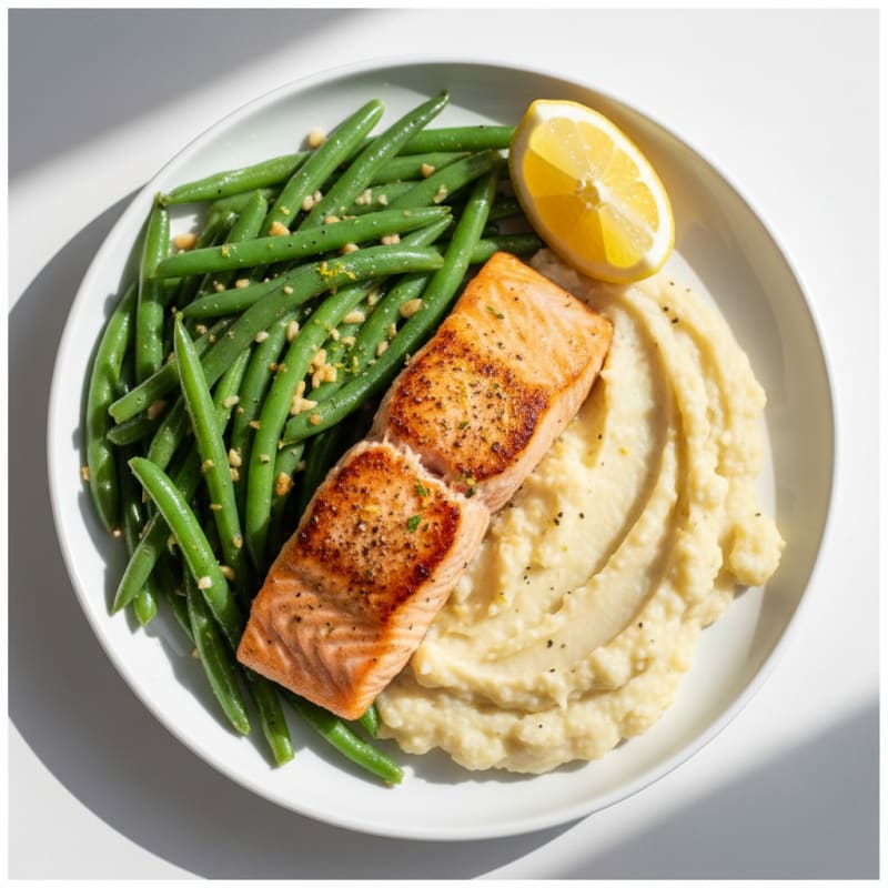 Seared Salmon with Garlic Green Beans and Cauliflower Mash
