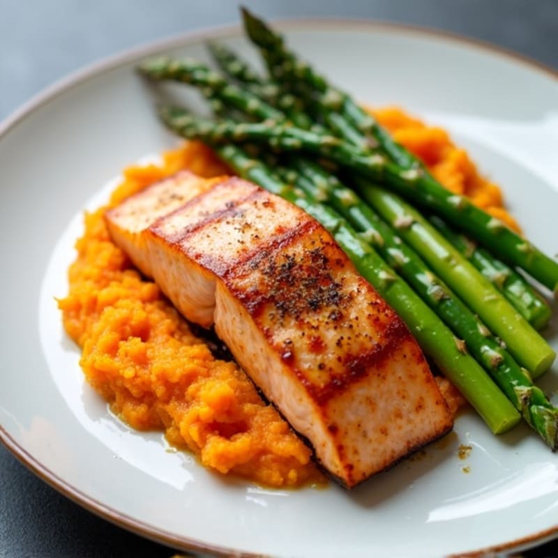 Seared Salmon with Steamed Asparagus and Sweet Potato Mash