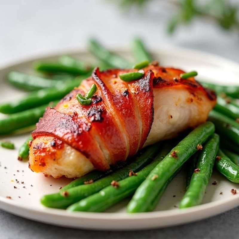 Crispy Turkey Bacon-Wrapped Chicken with Roasted Green Beans