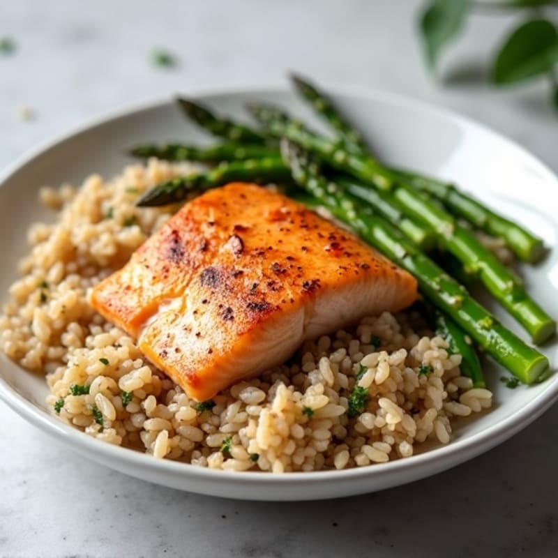 Seared Salmon with Steamed Asparagus and Garlic Brown Rice