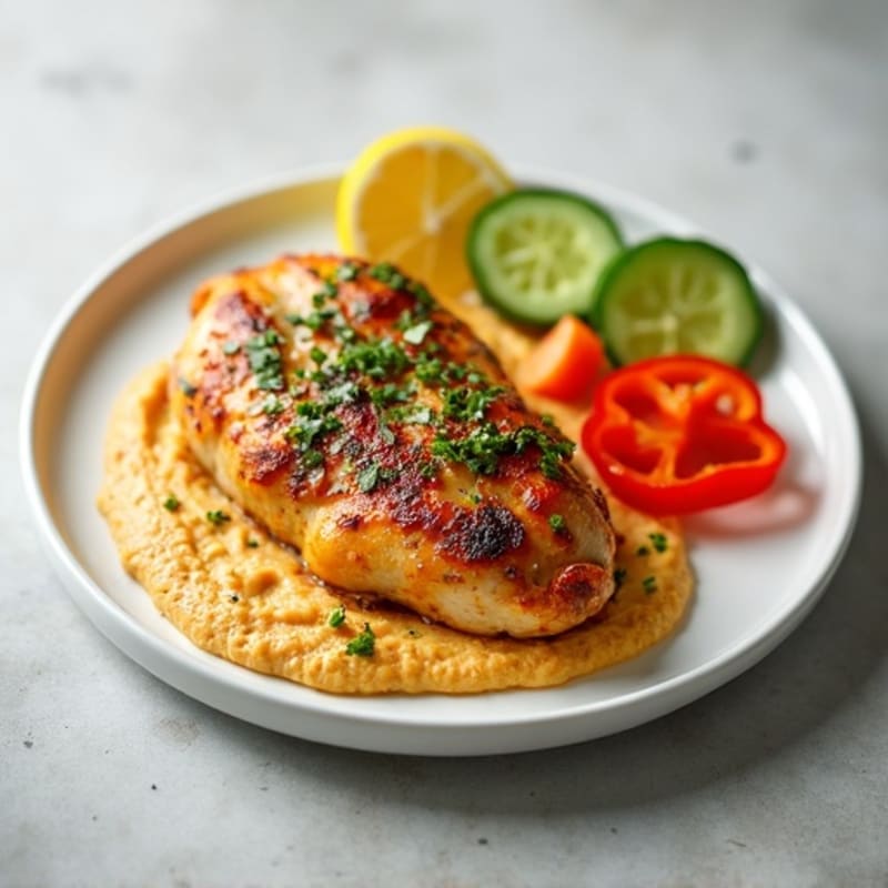 Lemon-Herb Roasted Chicken with Creamy Roasted Red Pepper Hummus and Fresh Crudités