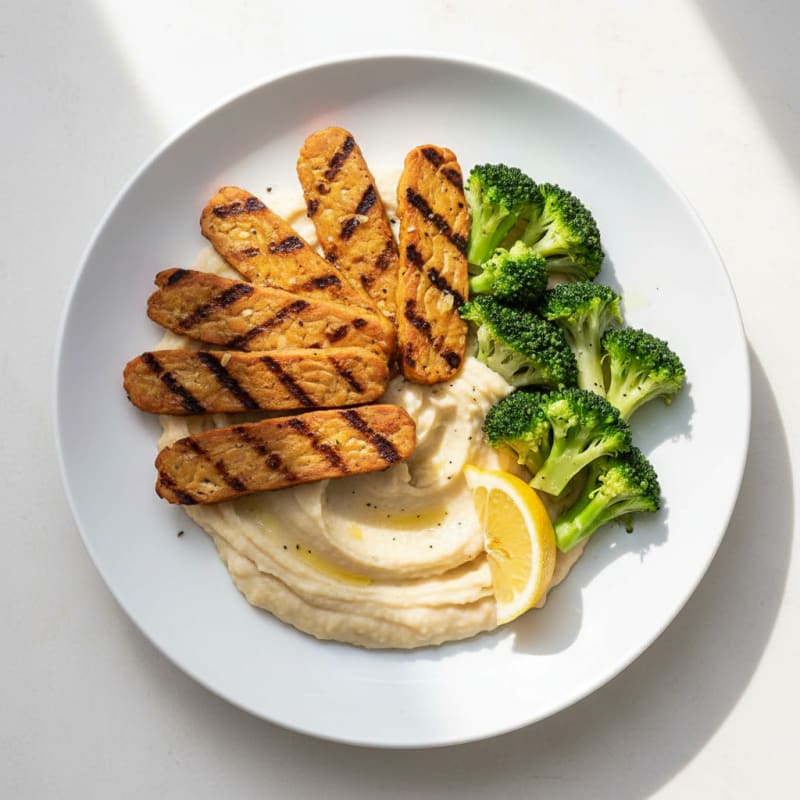 Grilled Tempeh with Creamy White Bean Mash and Steamed Broccoli