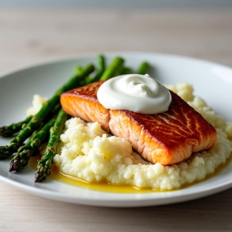 Seared Salmon with Roasted Asparagus and Cauliflower Mash