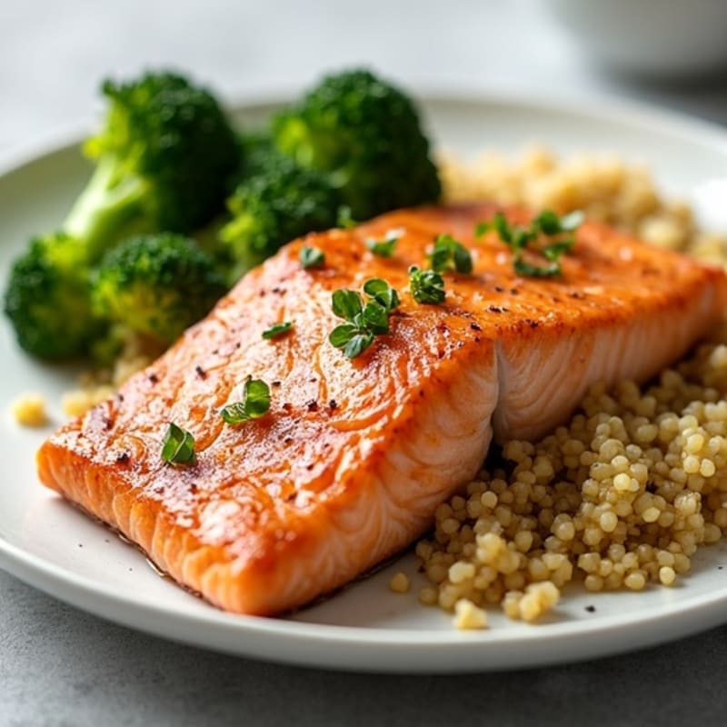 Seared Salmon with Steamed Broccoli and Quinoa