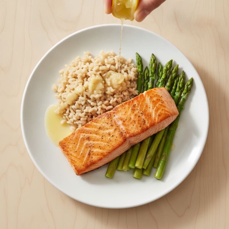 Seared Salmon with Steamed Asparagus and Brown Rice