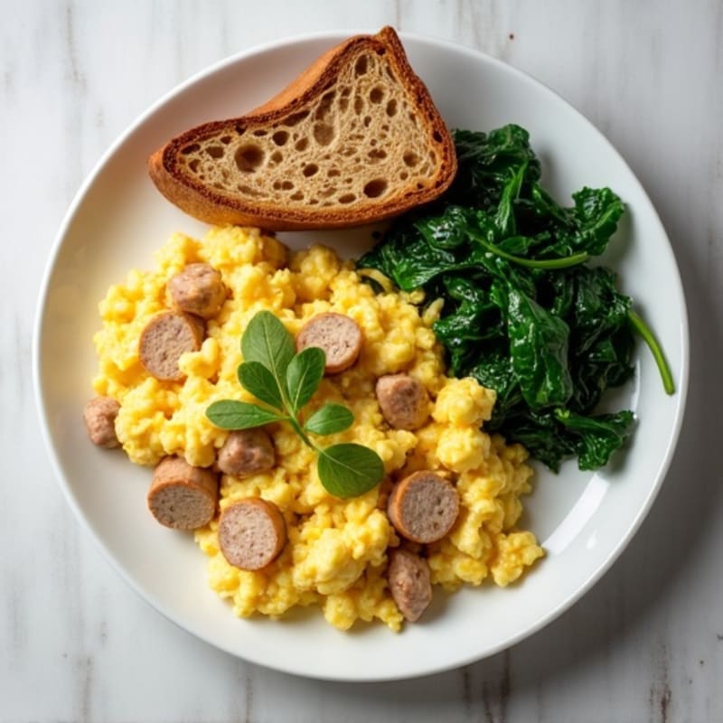 Egg White and Turkey Sausage Scramble with Sautéed Spinach