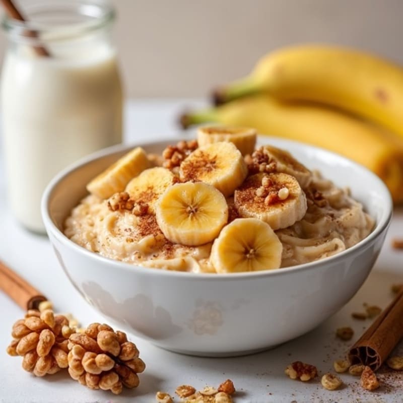 Creamy Cinnamon Protein Oatmeal with Warm Caramelized Bananas and Crunchy Walnuts