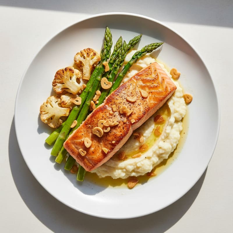 Seared Salmon with Roasted Asparagus and Cauliflower Mash