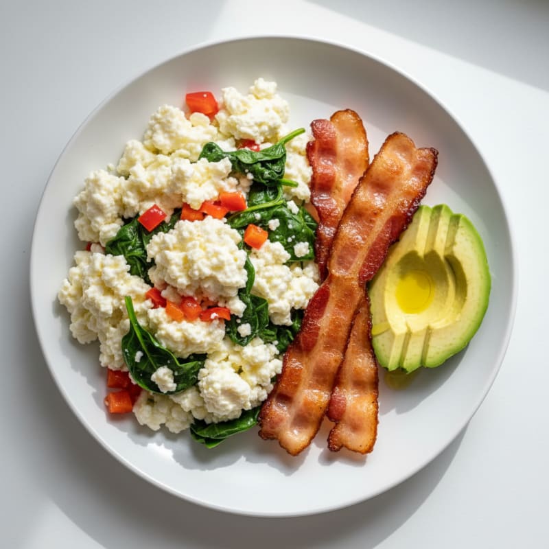 Egg White Veggie Scramble with Cottage Cheese and Seared Turkey Bacon