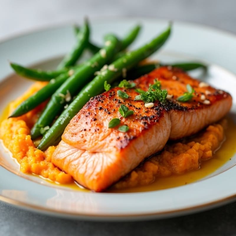 Seared Salmon with Garlic Green Beans and Mashed Sweet Potato