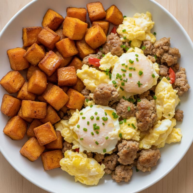Scrambled Eggs with Turkey Sausage and Roasted Sweet Potato