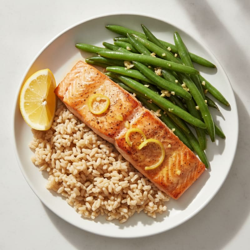 Seared Salmon with Garlic Green Beans and Brown Rice
