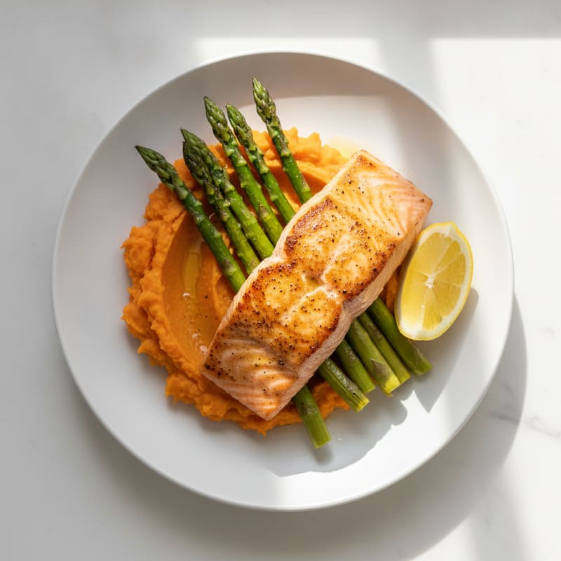 Seared Salmon Fillet with Roasted Asparagus and Sweet Potato Mash