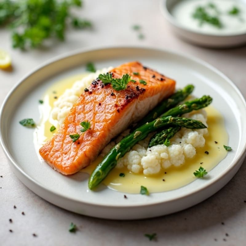 Seared Salmon with Roasted Asparagus and Cauliflower Mash