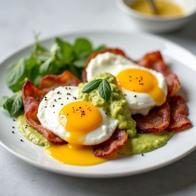 Poached Eggs with Crispy Turkey Bacon and Creamy Avocado Sauce