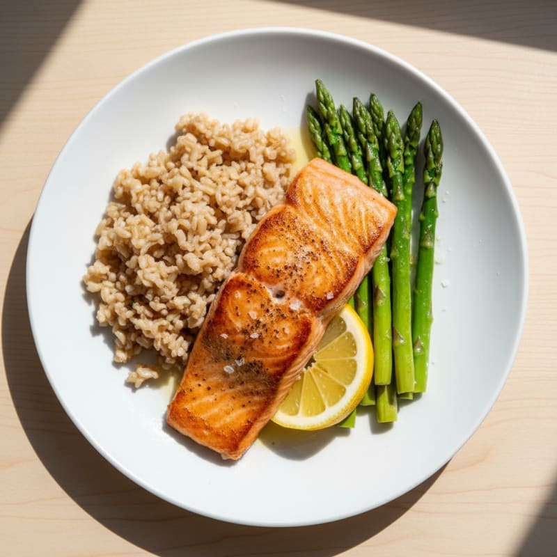 Seared Salmon Fillet with Steamed Asparagus and Brown Rice